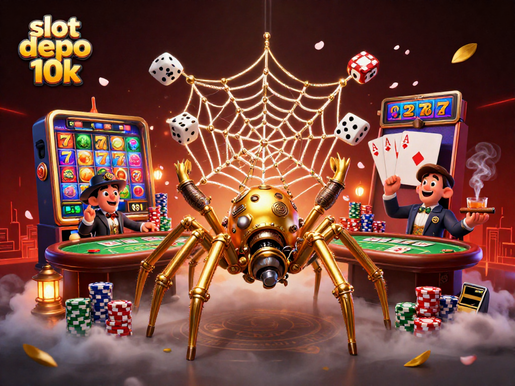 Experience thrilling gameplay at slot depo 10k with an intricately designed casino scene and characters.
