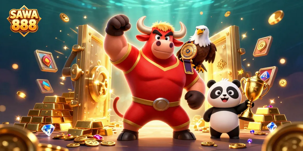SAWA 888 celebrates wins with lively mascots amidst golden treasures and jackpot excitement.