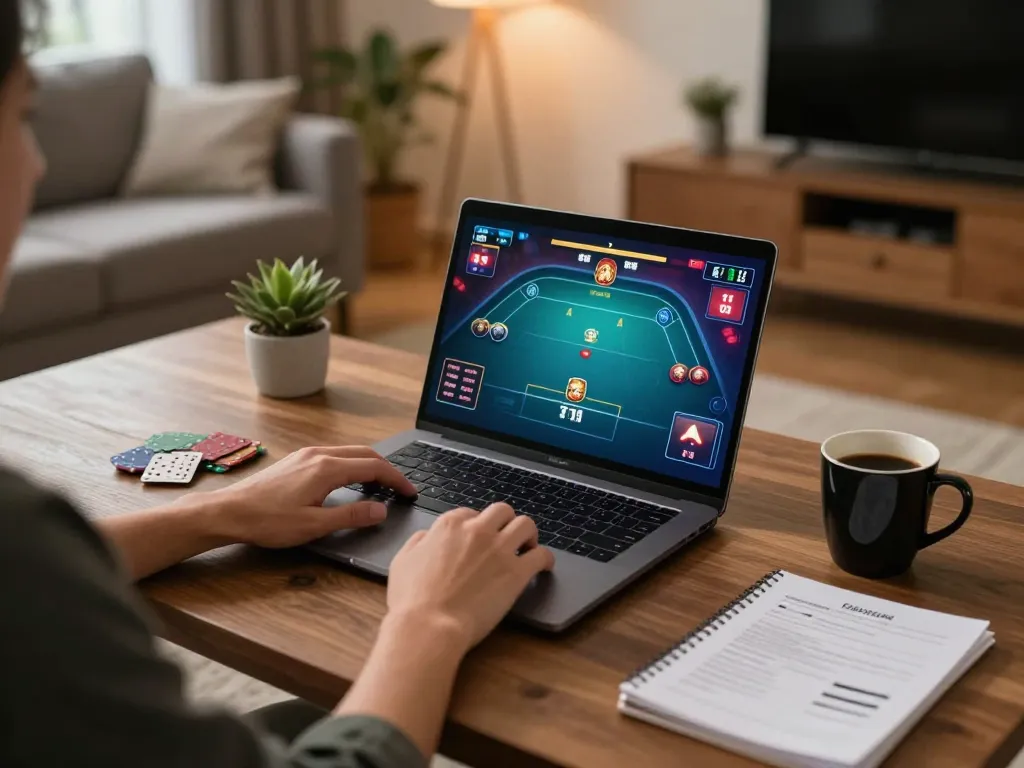 Player engaging in online poker gameplay at home on BL555 platform with strategies in focus