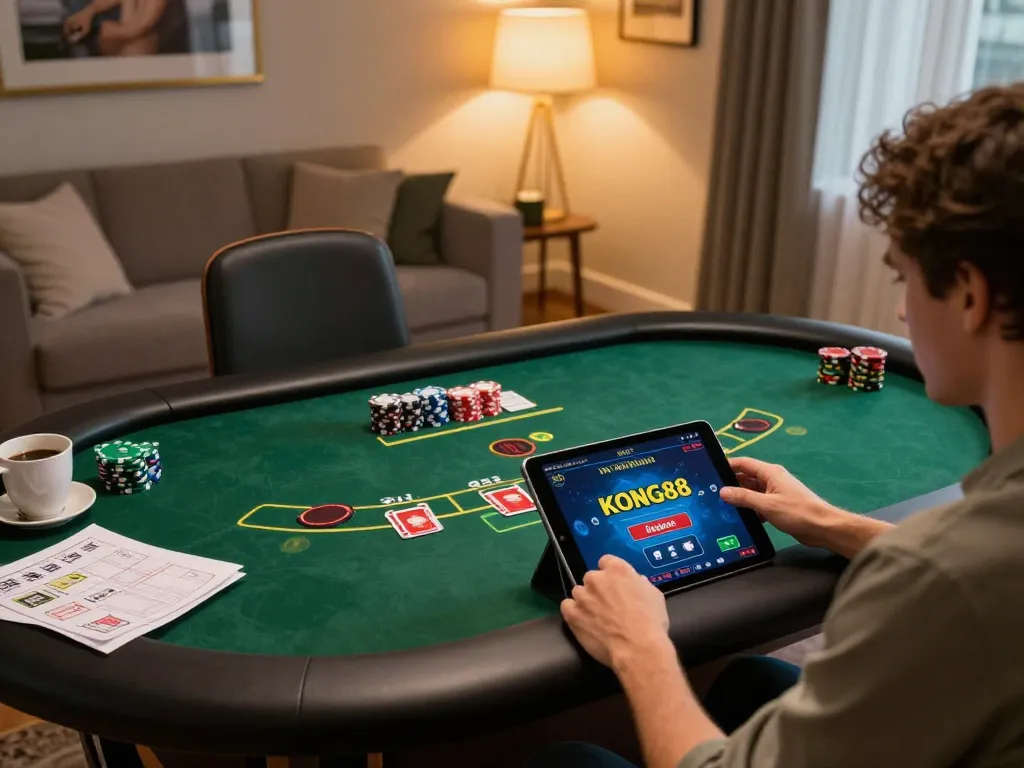 KONG88 player engaging in online poker at home, adapting strategy for winning.