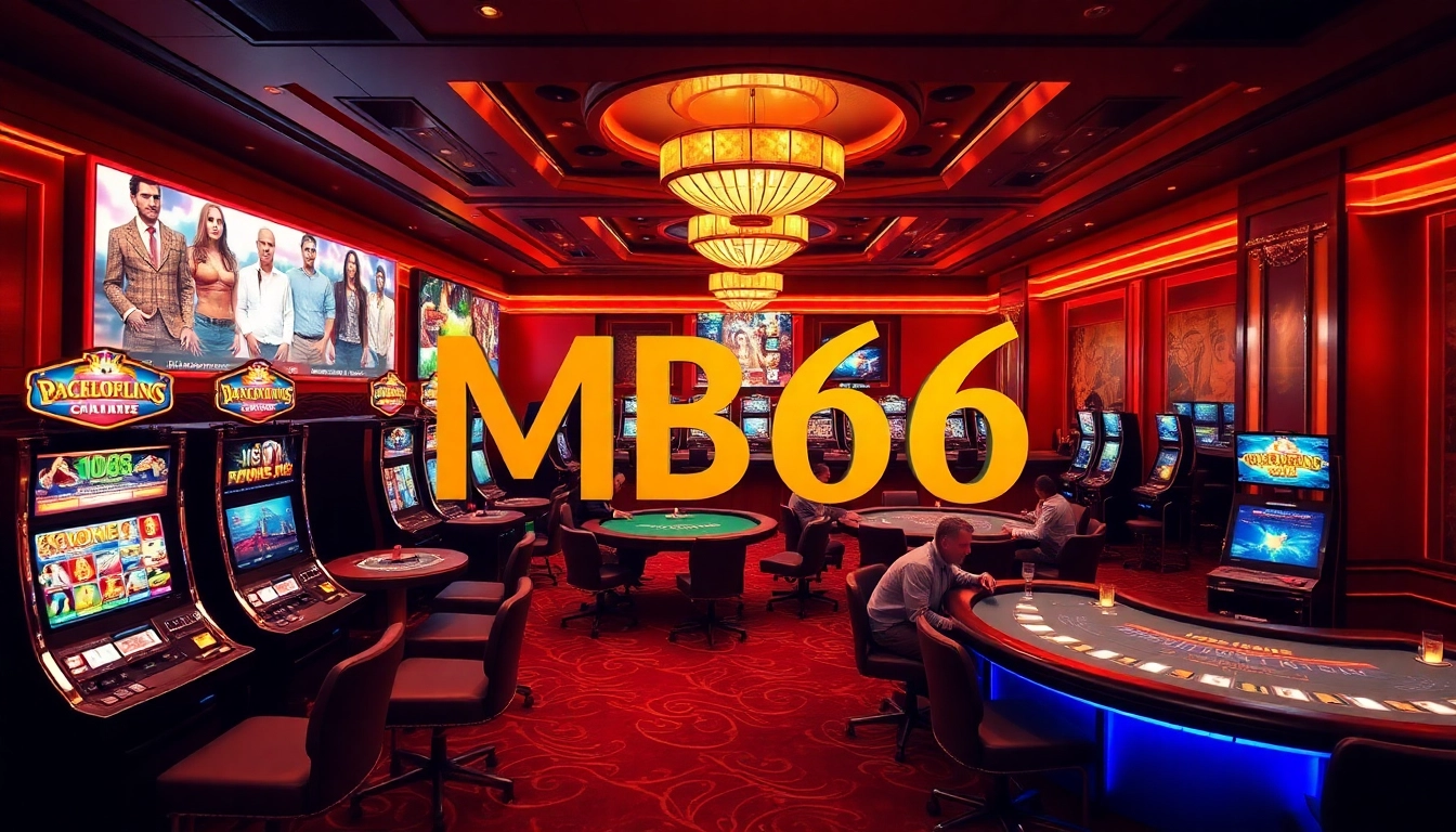 Players enjoying high-stakes games at MB66 online casino with vibrant slot machines.