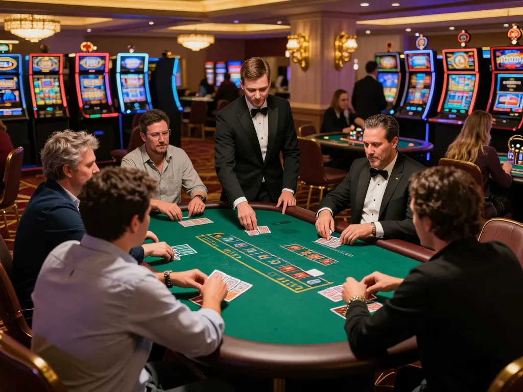 Players at ww88 enjoy an intense blackjack game in a vibrant casino atmosphere.