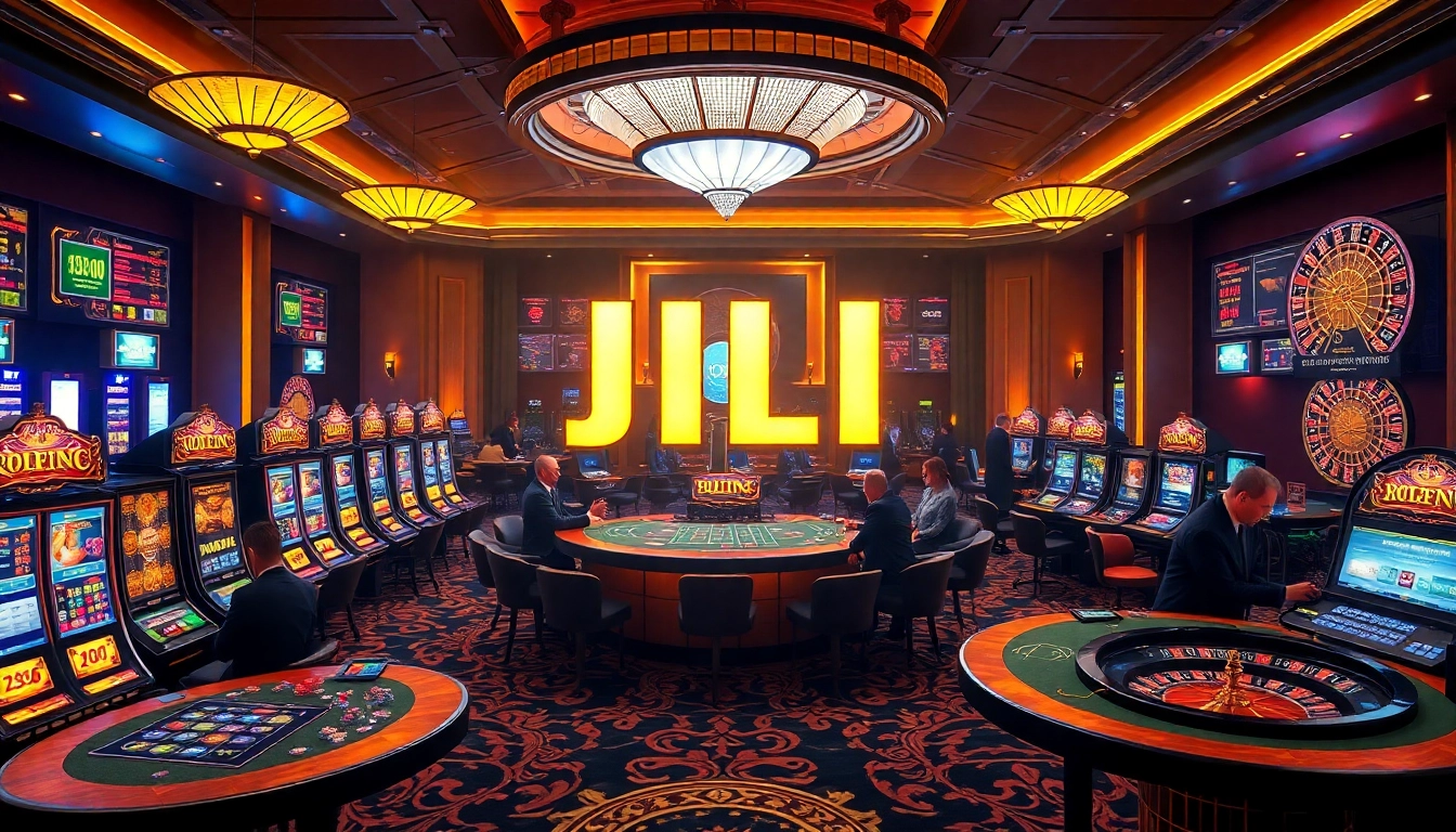 JILI casino scene with illuminated logo, vibrant slot machines, and professional dealers for engaging gameplay.