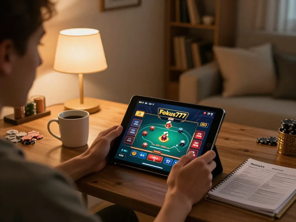Player engaging with Fokus777 casino game on tablet, surrounded by strategy notes.