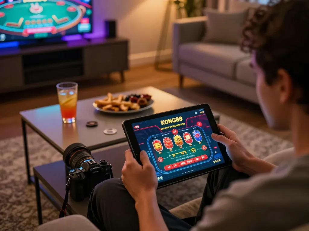 KONG88 user engaging with online casino app in a cozy living room setting with vibrant gaming graphics.