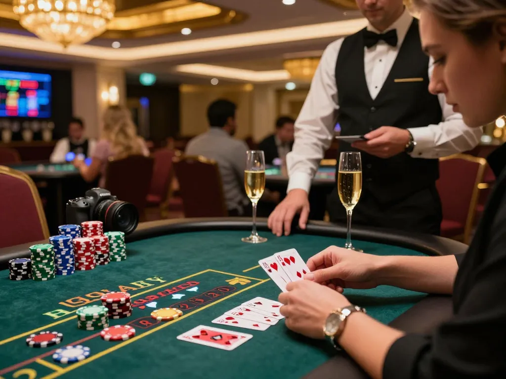 Engaging player at a baccarat table experiencing free credit baccarat in a luxurious casino setting, surrounded by vibrant chips and attentive dealer.