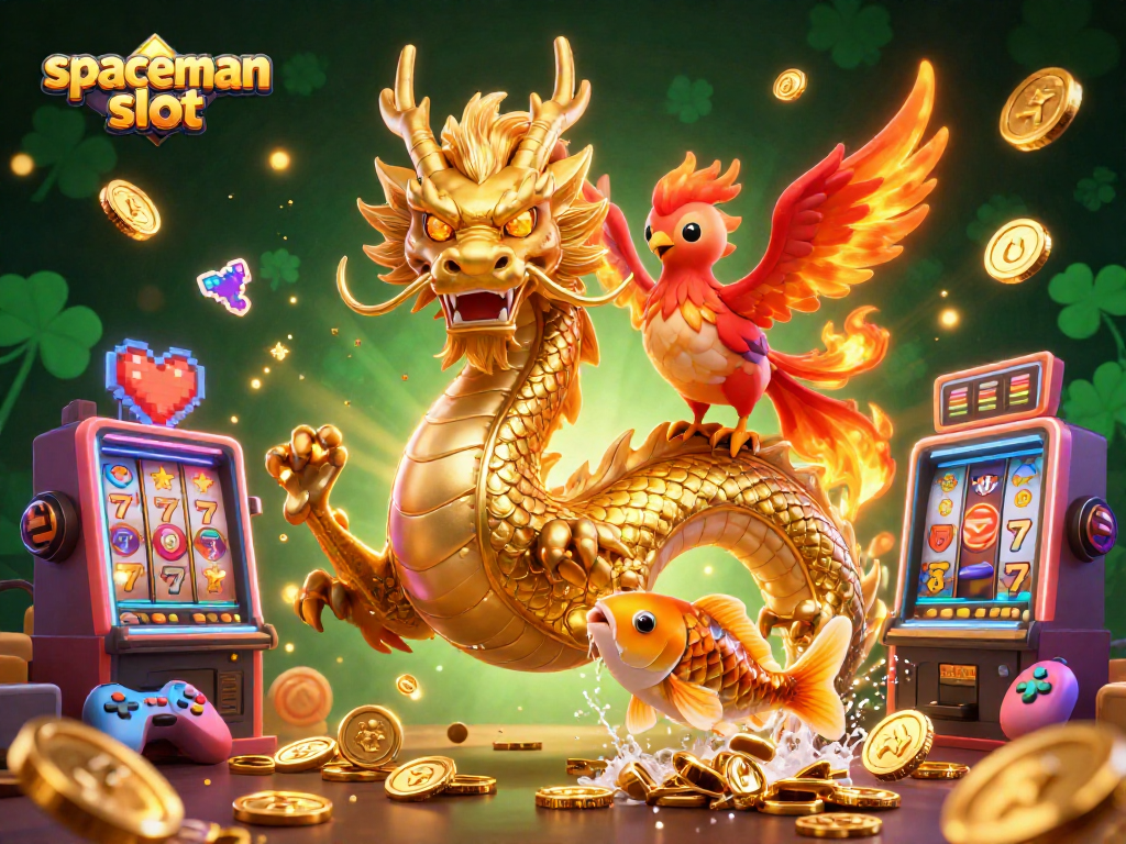 Experience the thrill of spaceman slot with vibrant casino elements and mythical creatures in a dynamic 3D scene.