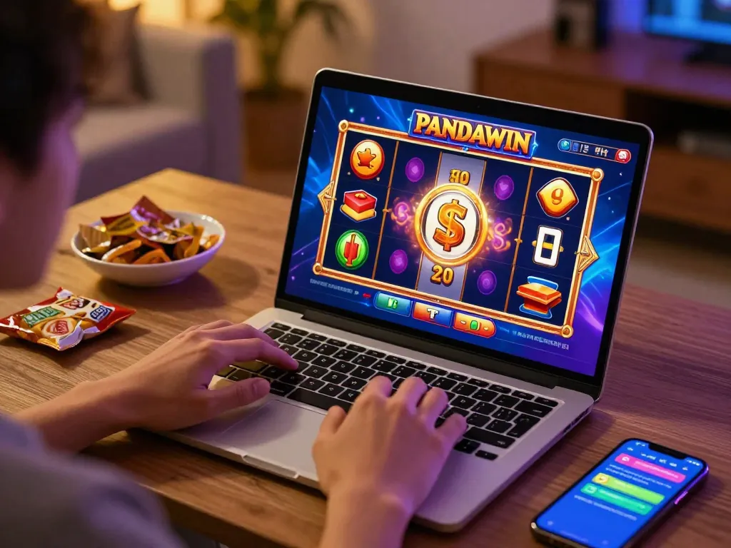 Permainan slot PANDAWIN menunjukkan pengguna yang terlibat dalam antarmuka slot 3D HD di laptop.