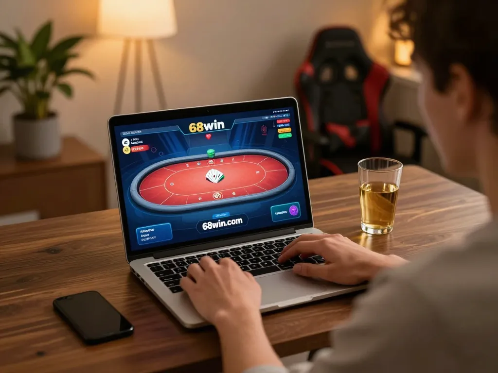 Player engaging in an online game on 68win.com at home, showcasing excitement and focus in a cozy setting.
