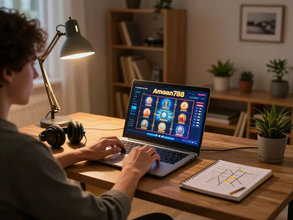 Menikmati aman788 slot online di pengaturan permainan rumah yang nyaman dengan laptop dan catatan strategi.