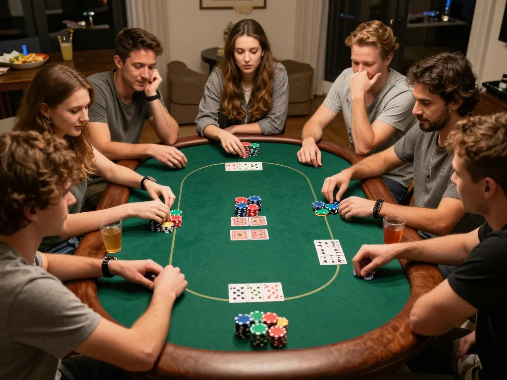 Friends enjoying a home poker game night with chips and cards celebrating sun win moments