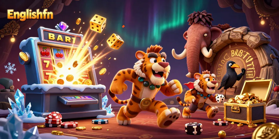 Engage in thrilling gameplay at englishfn with a vibrant prehistoric casino scene featuring whimsical characters and exciting slot action.