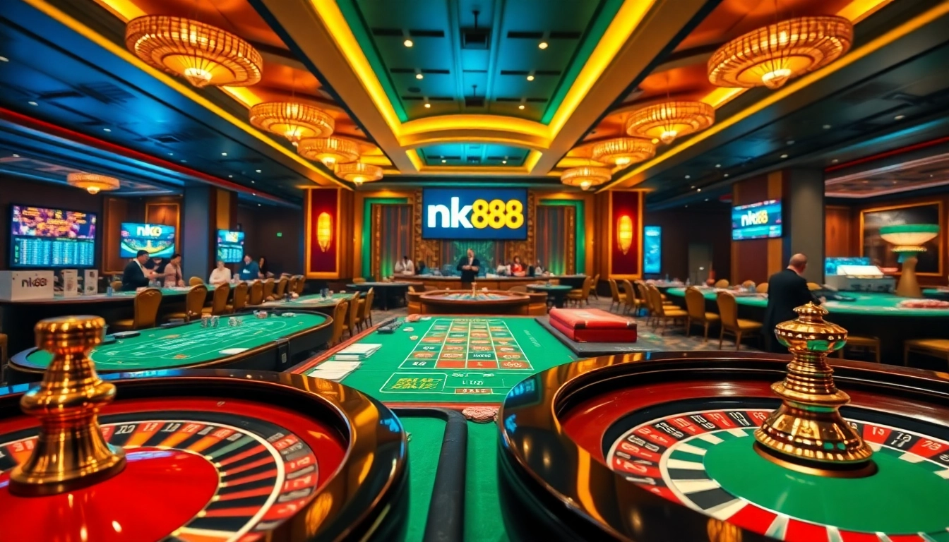 Immersive casino experience with nk88 branding, featuring players at vibrant tables and roulette.