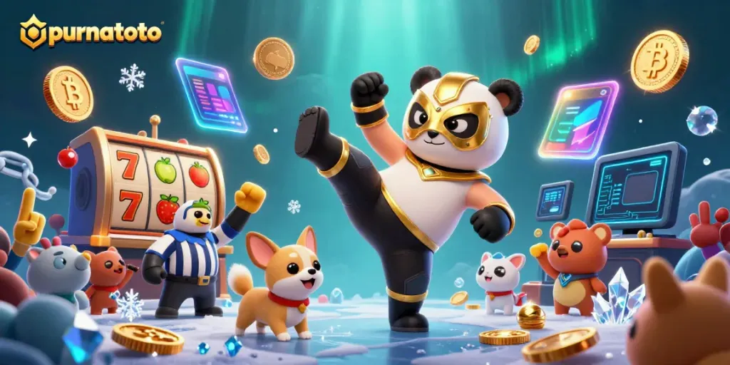 Menangkan permainan slot gacor dengan purnatoto, lihat panda pegulat dan hewan penonton yang ceria.