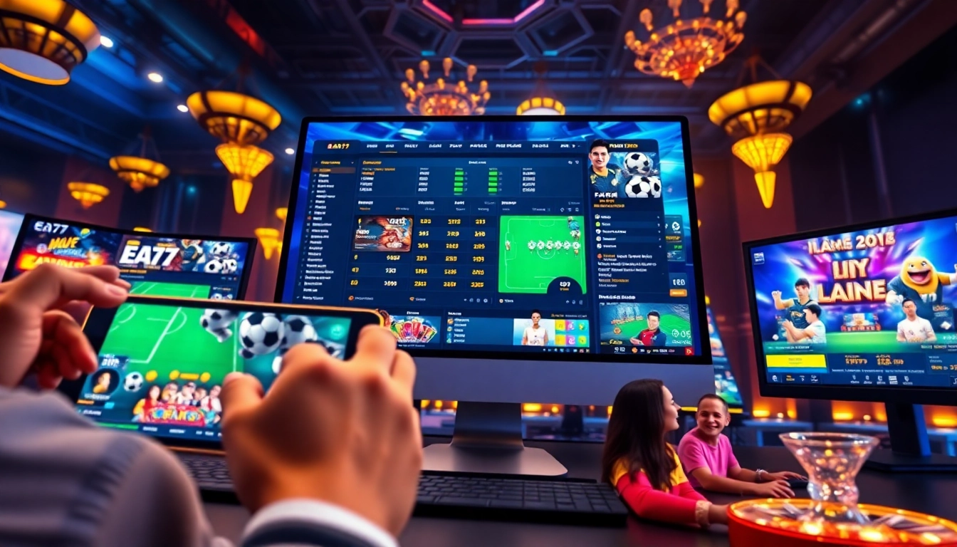 Experience EA77 online gaming with vibrant devices showcasing live betting, casino games, and diverse players.