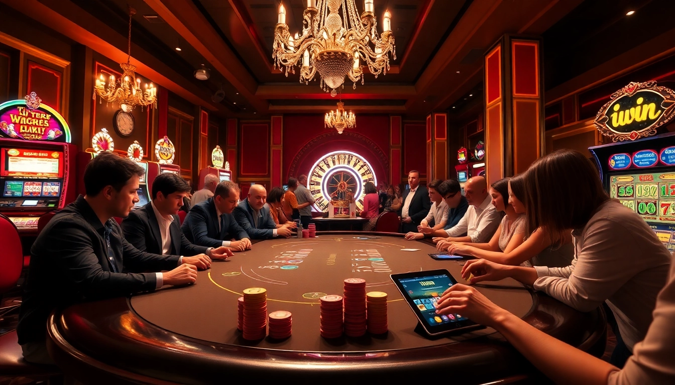 Engaging scene of excited players at an iwin casino table with vibrant chips and slot machines.