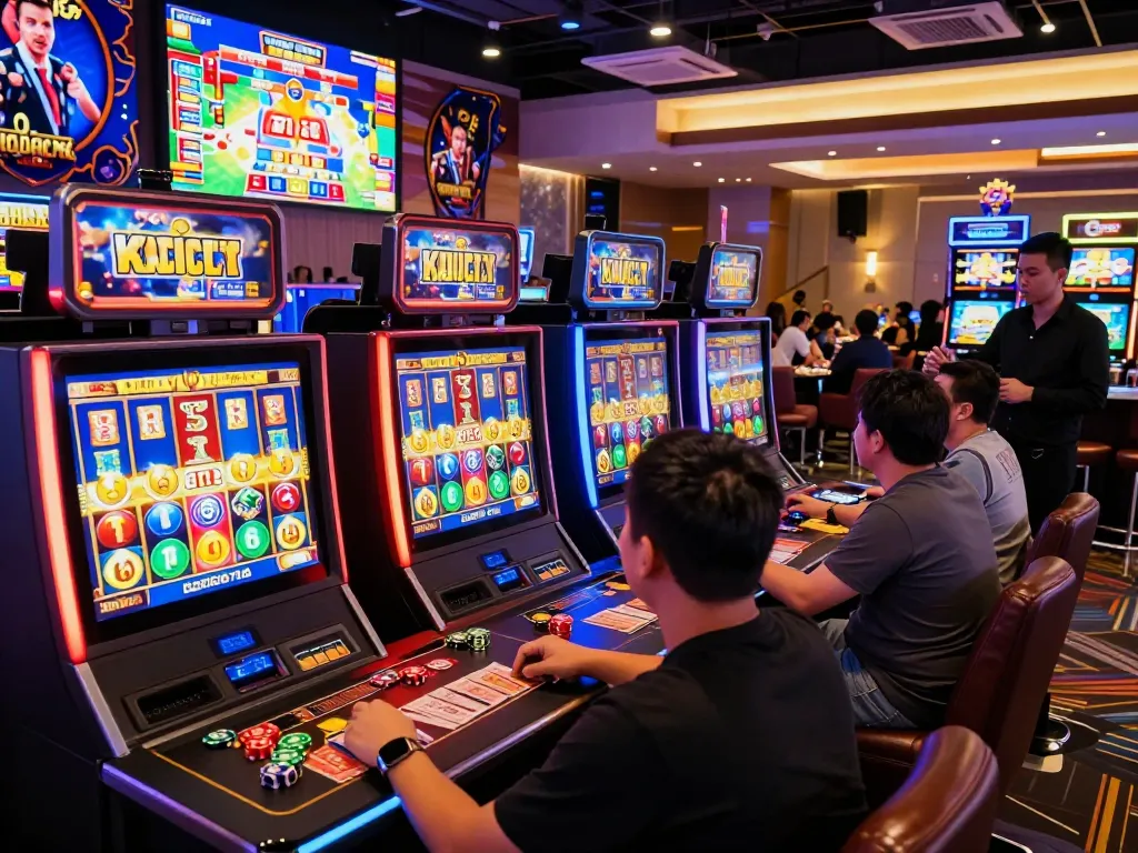 Pemain yang terlibat merayakan kemenangan di kasino gaming situs gacor, suasana yang hidup dengan layar yang cerah.