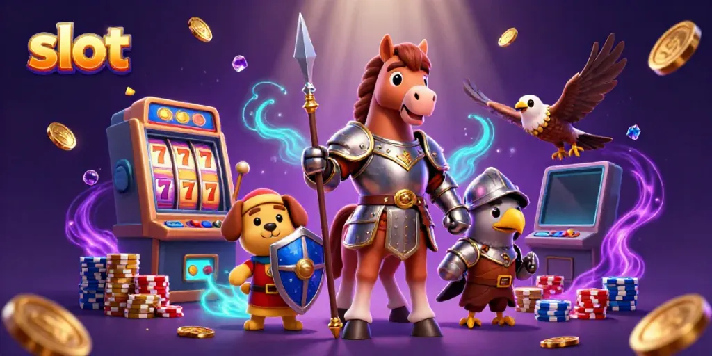 Engage with slot machines amidst a medieval fantasy scene with vibrant colors and rich details.