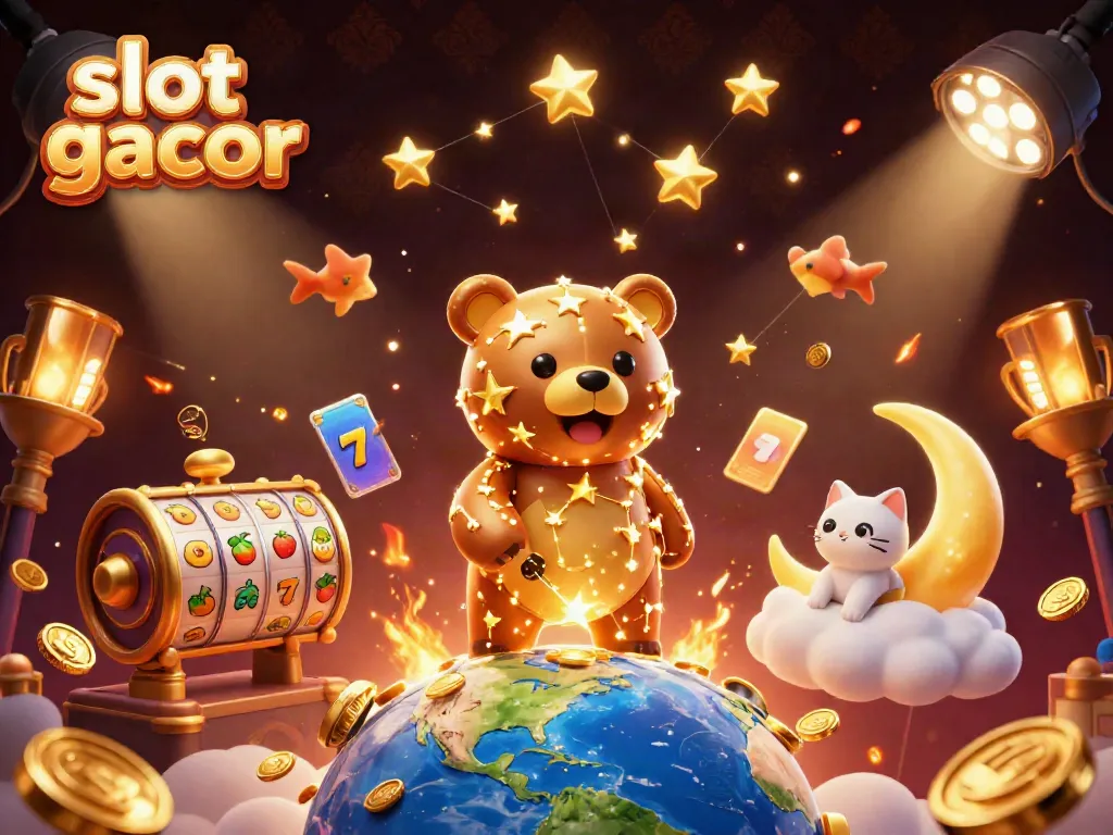 Slot gacor menghadirkan suasana permainan yang menggembirakan dengan bintang emas dan banyak koin.
