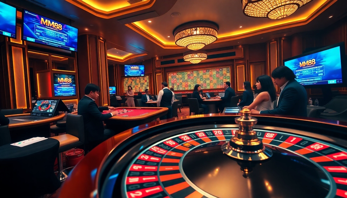 Experience the excitement of online gambling with MM88, featuring a vibrant roulette table and engaging players.