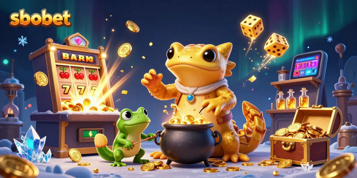 Engage in sbobet betting with a vibrant scene of casino games, characters, and winning symbols.