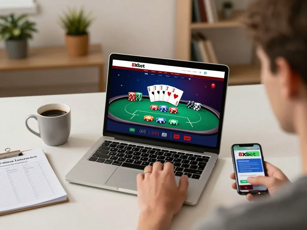 Playing poker on 8xbet with colorful chips and a laptop in a cozy home office setting.