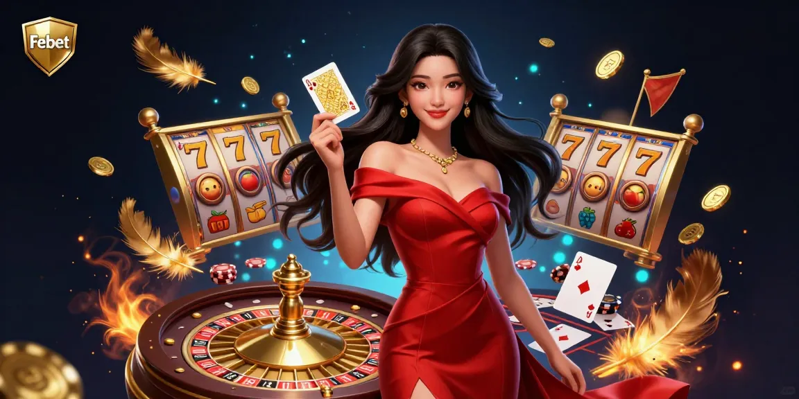 Experience thrilling gameplay with Febet's dynamic casino scene featuring a confident woman and golden roulette.