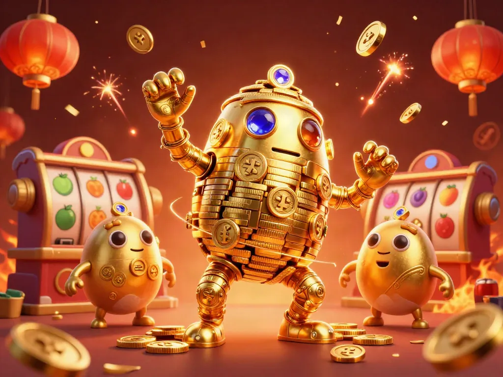 Golem emas bermain slot dengan simbol, rujukan lengkap dapat ditemukan di sini dan elemen kasino lainnya dalam ilustrasi.