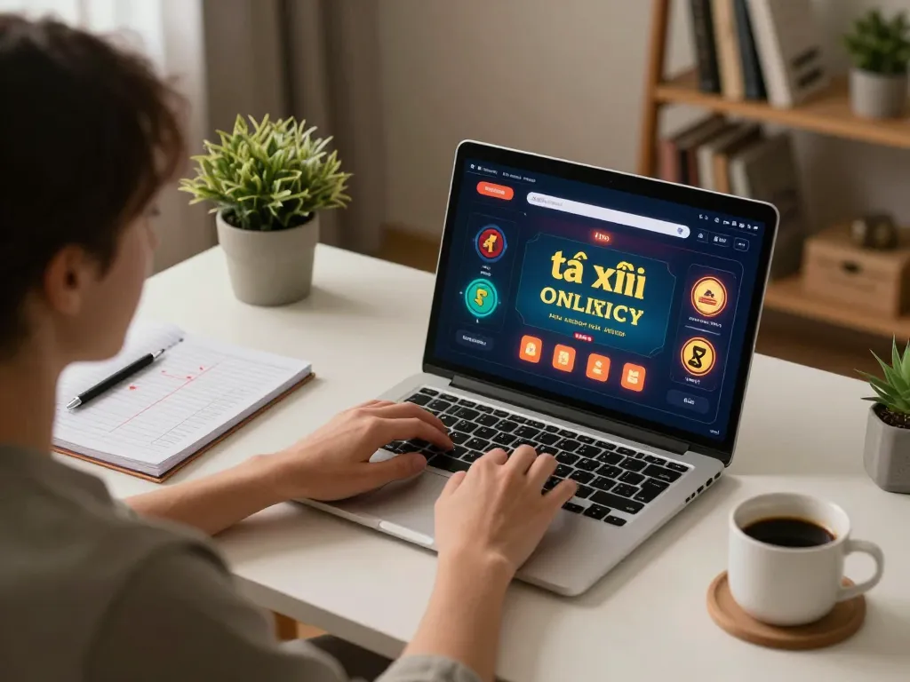 Engaging in tài xỉu online gaming on a laptop at home with strategic notes and warm ambiance