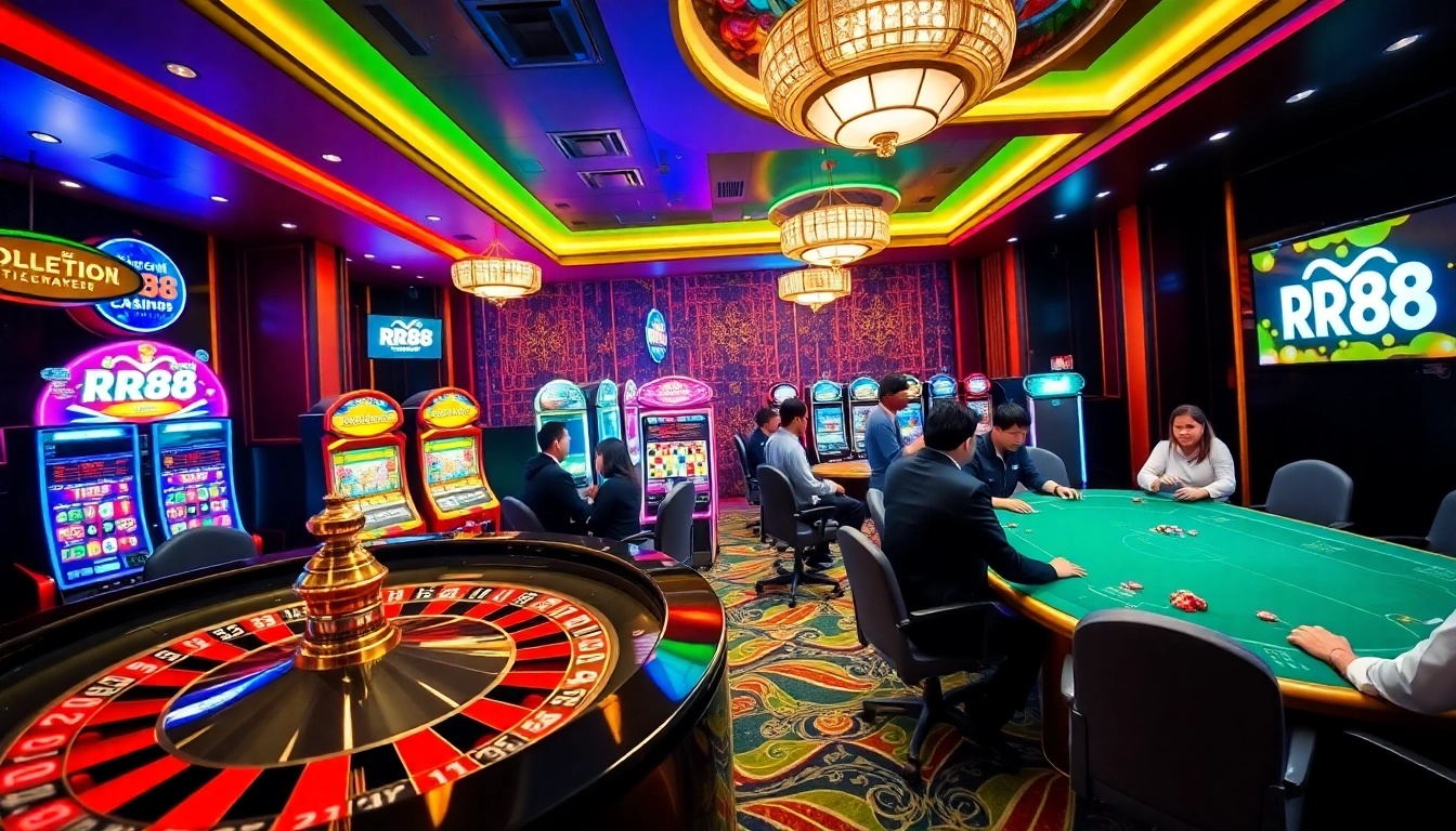 Players enjoying a thrilling casino experience at RR88, featuring roulette and slot machines.