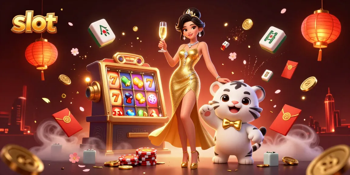 Spin slot reels wildly as the glamorous woman celebrates alongside a lucky white tiger cub, adorned with vibrant gaming symbols.
