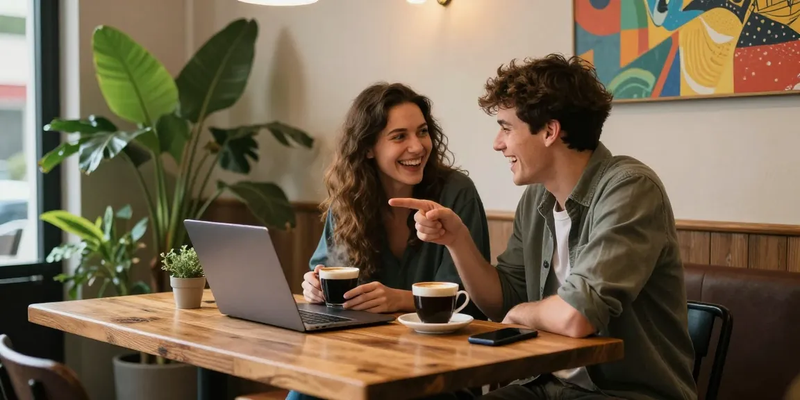 Couple laughing over coffee, showcasing their crush on each other in a cozy cafe