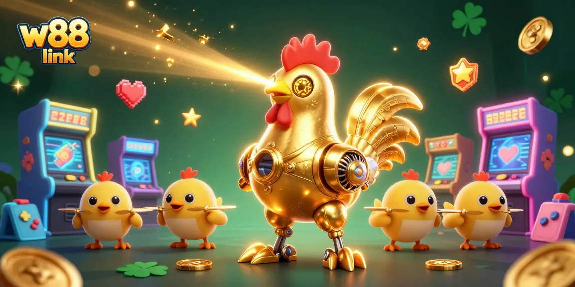 Engage with an exciting w88 link as a golden rooster robot leads baby chick drones in a vibrant casino adventure.