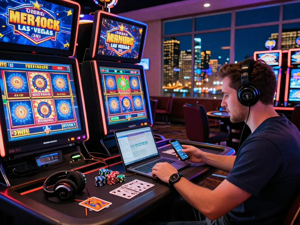 Experience fun at USA online casinos with a British player enjoying engaging online games, surrounded by vibrant casino elements.
