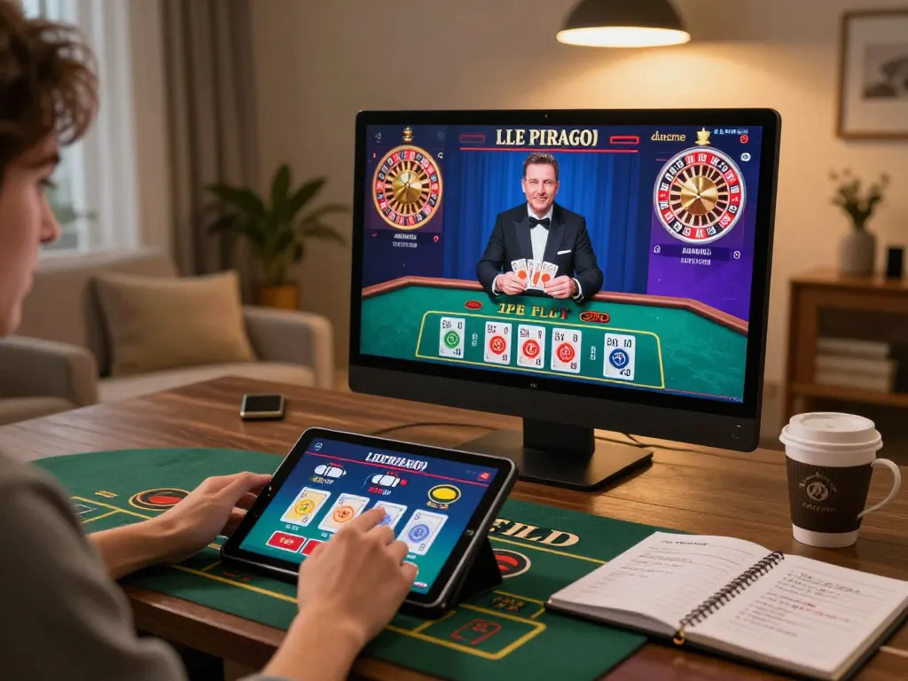Kuwin user engaging in live dealer games on tablet in a cozy home setting, emphasizing online gambling experience.