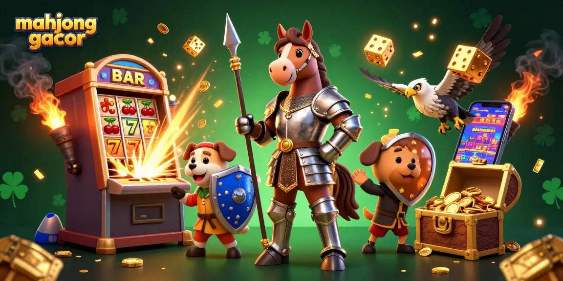 Engaging 3D scene illustrating mahjong gacor with cartoon knight, squire, and falcon amidst colorful casino elements.