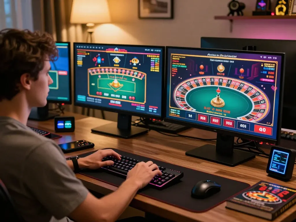 Engaged player exploring 88pulsa link alternatif on multiple screens during online gaming session