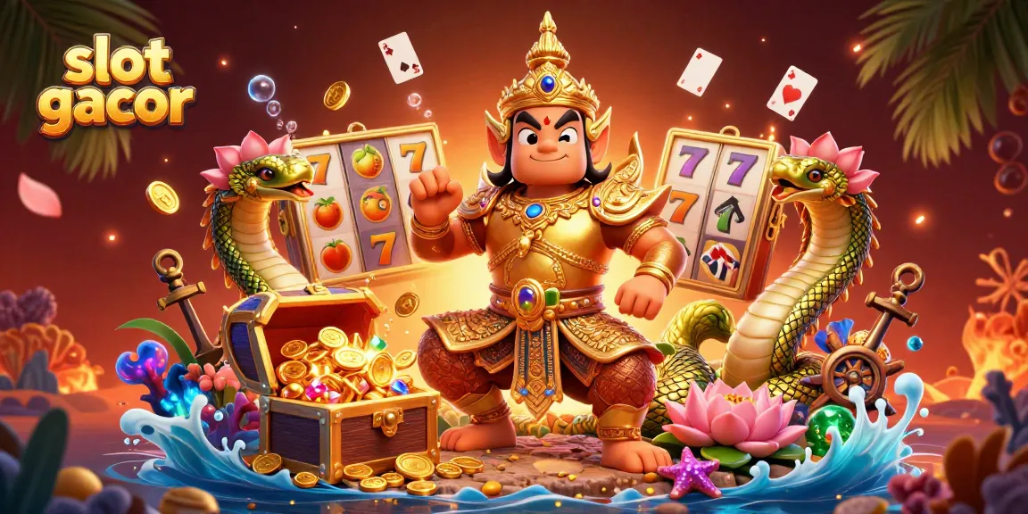 Experience slot gacor thrills with vibrant reels, golden guardian, and dynamic treasures in an animated casino scene.