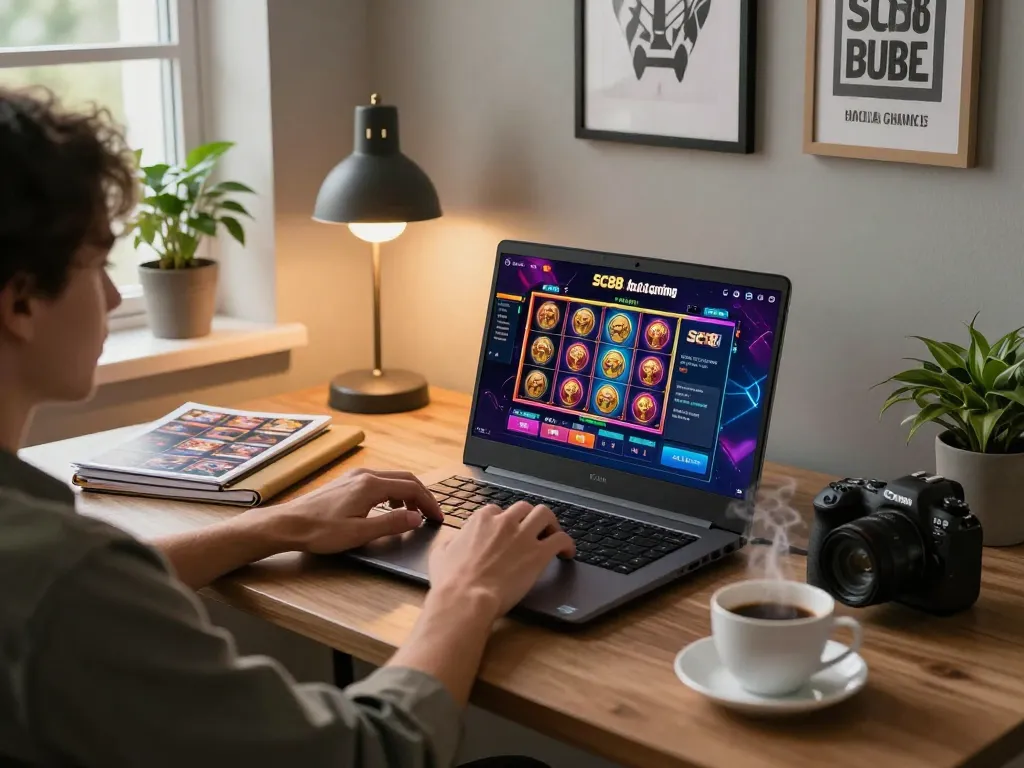 Engaged player exploring SC88 online slots on laptop showcasing vibrant graphics and strategic interface.