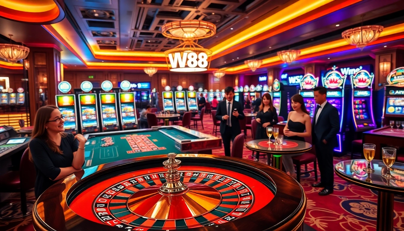 Engaging WW88 casino scene with roulette, poker chips, and vibrant slot machines.