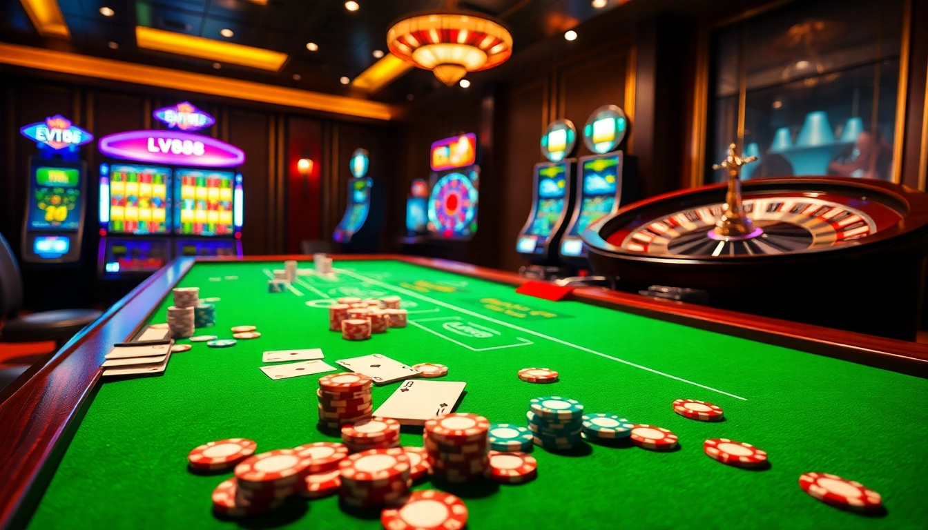 Gamblers enjoying an engaging game at lv88 online casino with poker chips and cards.