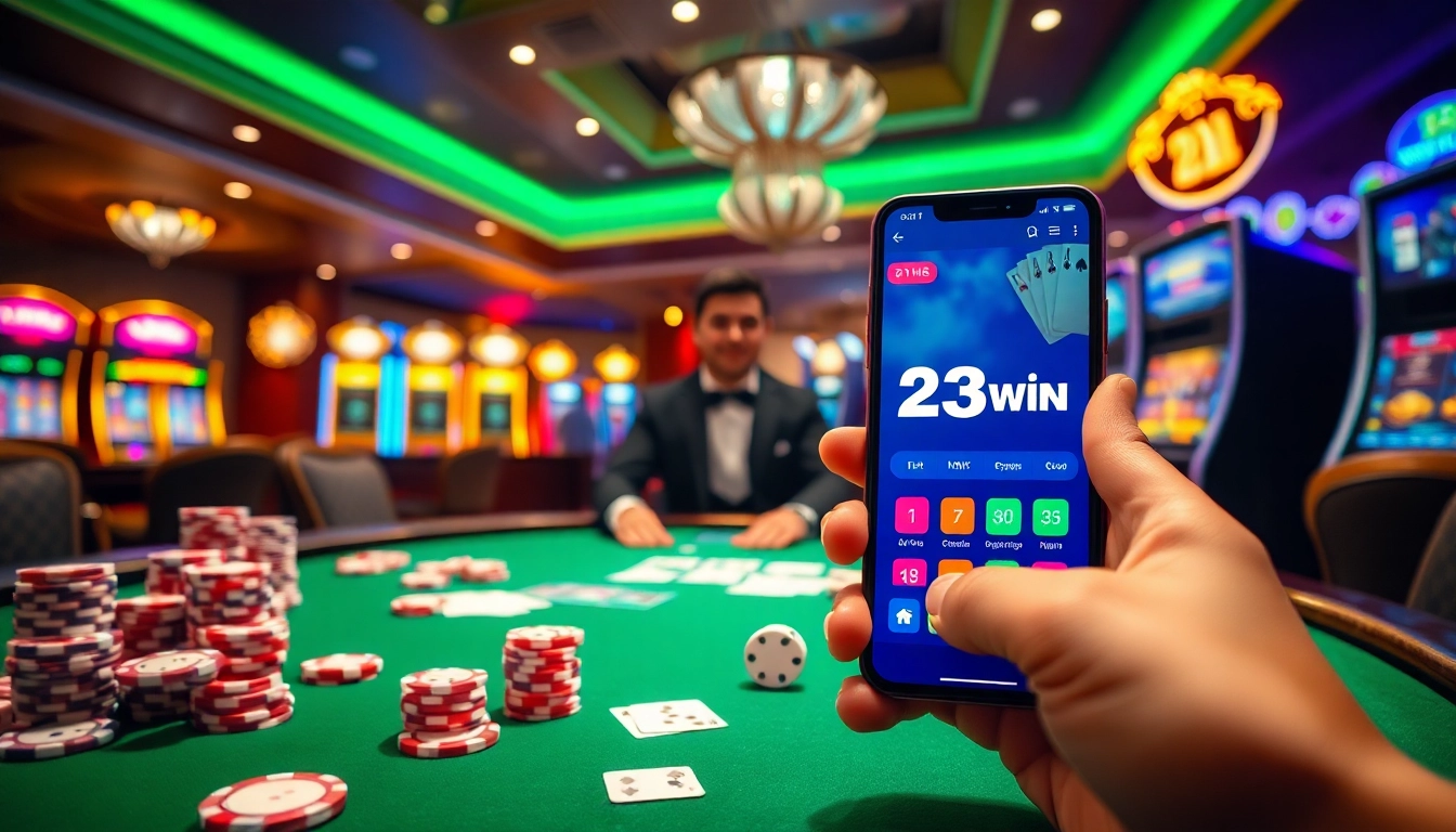 Experience the excitement of the 23win app at a luxurious casino table with vibrant colors.