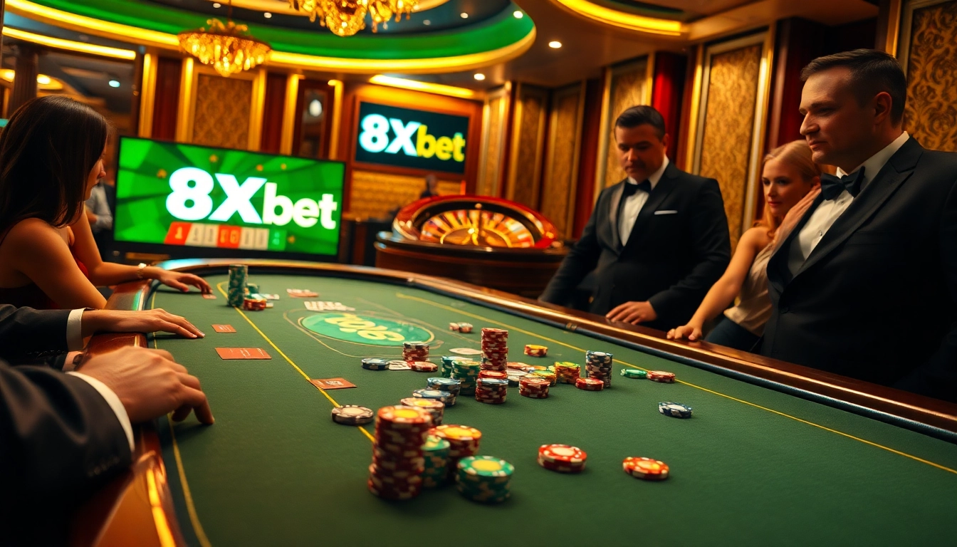 Players engaging in high-stakes poker at a luxurious casino, showcasing 8Xbet branding.