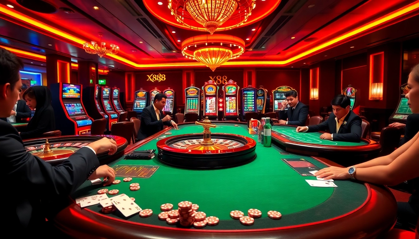Engaging casino scene highlighting dynamic gaming action at X88.com with poker chips and roulette.