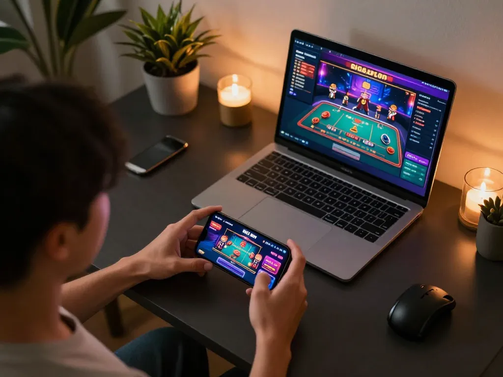 Engaging with the 8K8.fan mobile app for online gaming in a stylish setup.