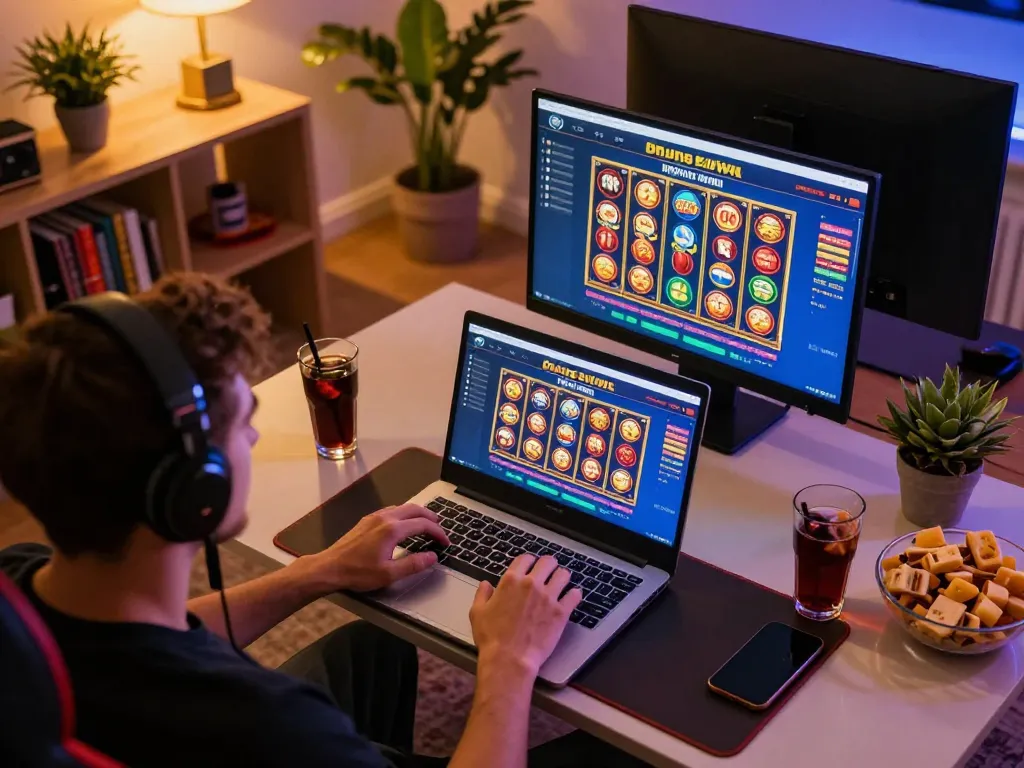Hello88 user's engaging online gaming session at home with vibrant casino games displayed