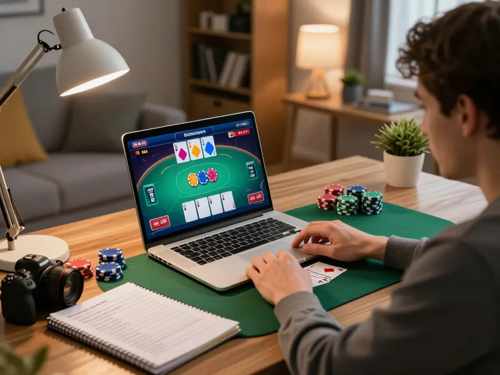 Player engaged in strategic online poker at home, representing 888 VI gaming experience.
