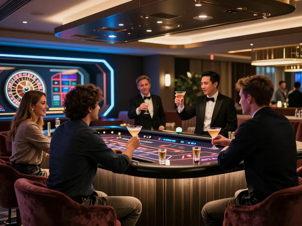 Patrons at an elegant casino lounge celebrating wins while engaging with MM88.