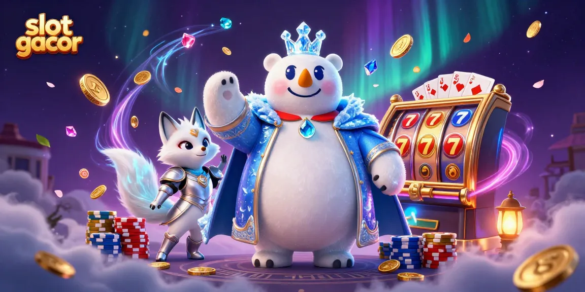 Experience the thrill of slot gacor with a cartoon ice king bear and a fox, surrounded by dazzling casino elements.