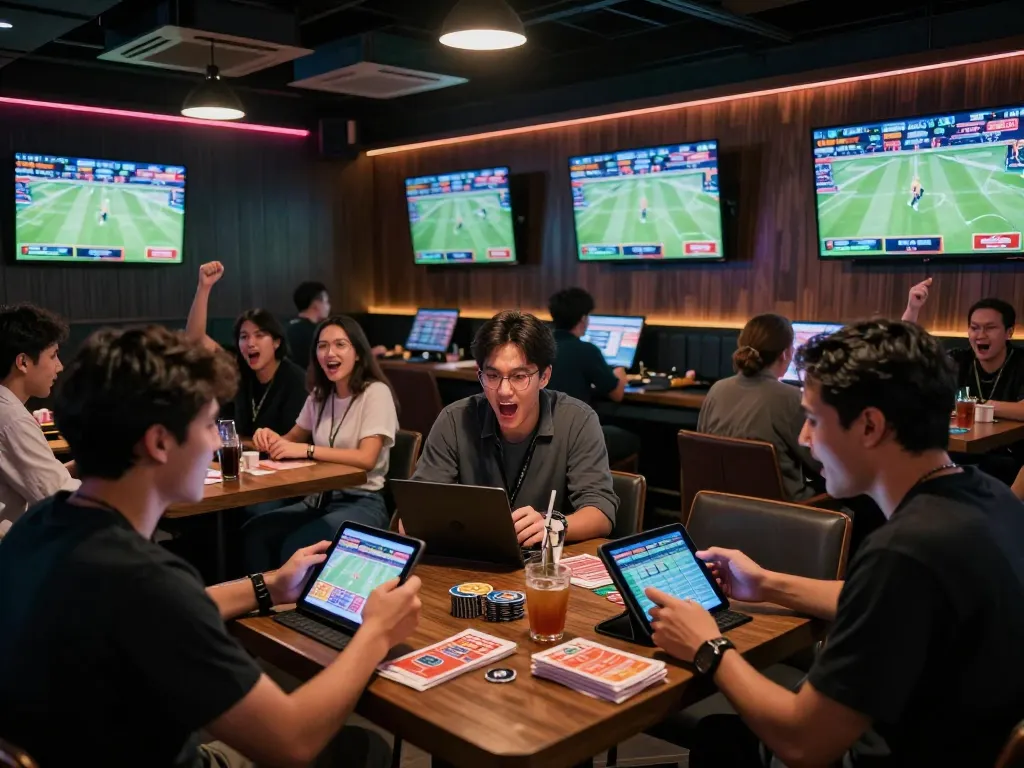 Exciting scene at a sports bar as patrons engage in kèo nhà cái betting while cheering on live events.
